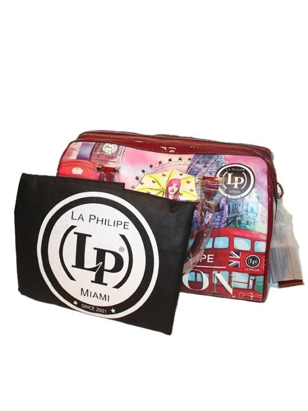 LP La Philipe Purse "Umbrella in London" Handbag Red Large Bag Black Tote LP1020 - Picture 2 of 16
